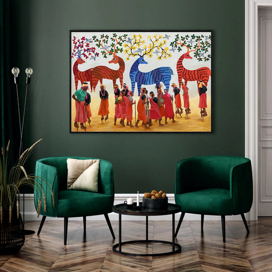 Gond Art Procession with Mythical Deer Canvas Painting by Ayansi Arts