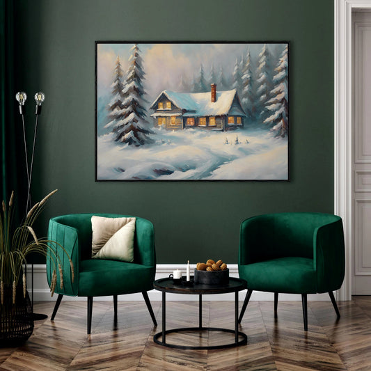 Winter's Warmth: A Snowbound Cabin Canvas Digital Painting