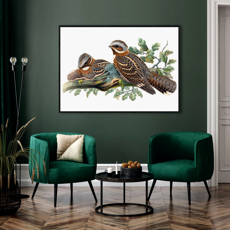 Nightjar Duo Canvas Digital Painting - Perched Birds with Oak Leaves