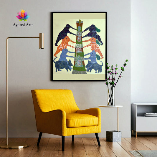 Gond Art Community and Totem Canvas Painting Art by Ayansi Arts