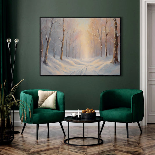 Winter's Light: A Snowy Path Through the Woods Canvas Painting