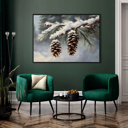 Winter's Touch: Snow-Kissed Pine Cones Canvas Painting