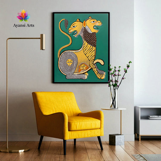 Mythical Two-Headed Lion Tribal Canvas Digital Art Painting by Ayansi Arts