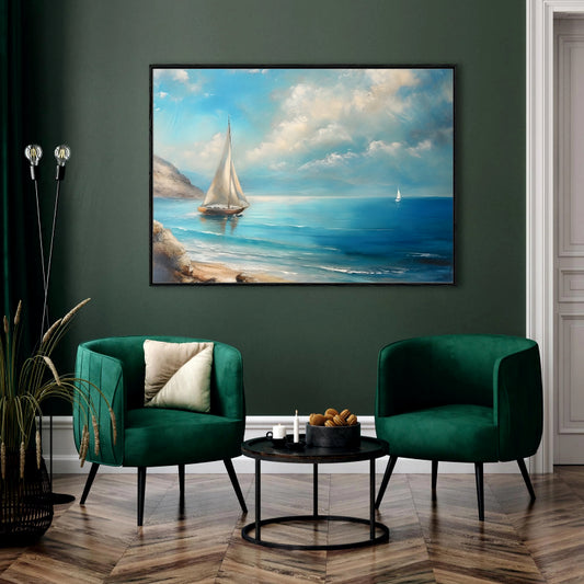 Coastal Serenity Canvas Digital Painting - Sailboats on Tranquil Waters