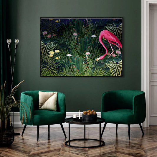 Twilight Flamingo Haven Canvas Digital Painting - Lush Nocturnal Wetlands