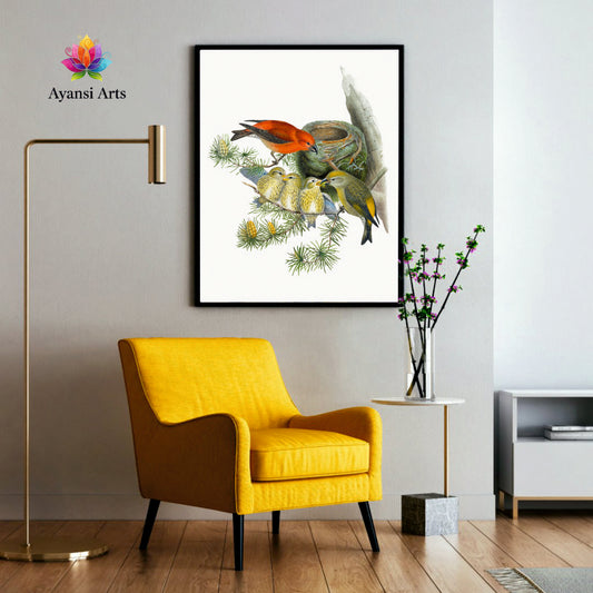 Crossbill Family Nest - Avian Serenity Canvas Art by Ayansi Art