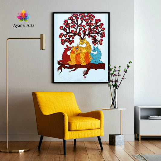 Vibrant Deer Family on Branch under Blossom Tree Canvas Digital Art Painting by Ayansi Arts