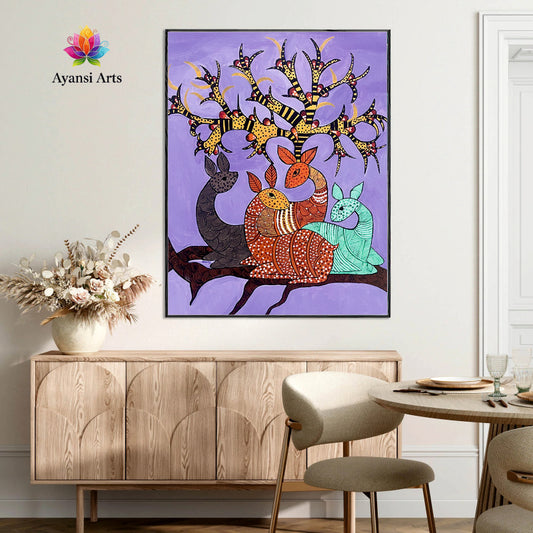 Enigmatic Deer Family under Sacred Tree Canvas Digital Art Painting by Ayansi Arts
