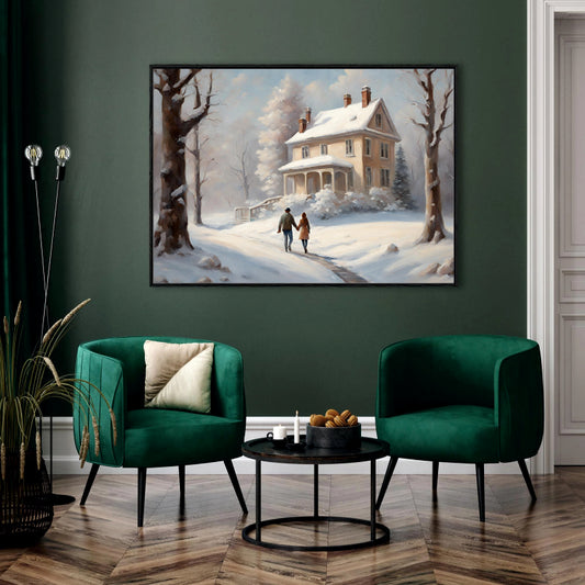 Winter's Embrace: A Couple's Snowy Homestead Canvas Painting