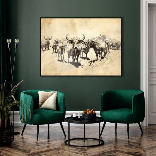 Dusty Herd Canvas Digital Painting - Charcoal Style Buffalo Gathering