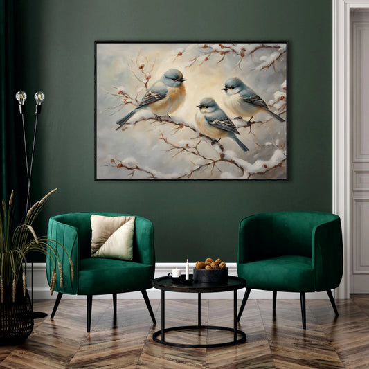 Winter Trio: Birds on a Snowy Branch Canvas Painting