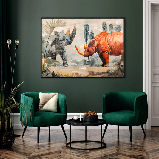 Terra Cotta Encounter Canvas Digital Painting - Watercolor Rhinoceros Duo