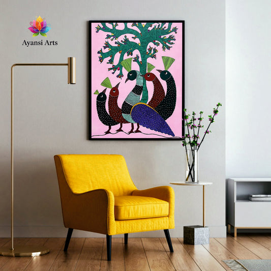 Gathering of Peacocks under Vibrant Tree Canvas Digital Art Painting by Ayansi Arts