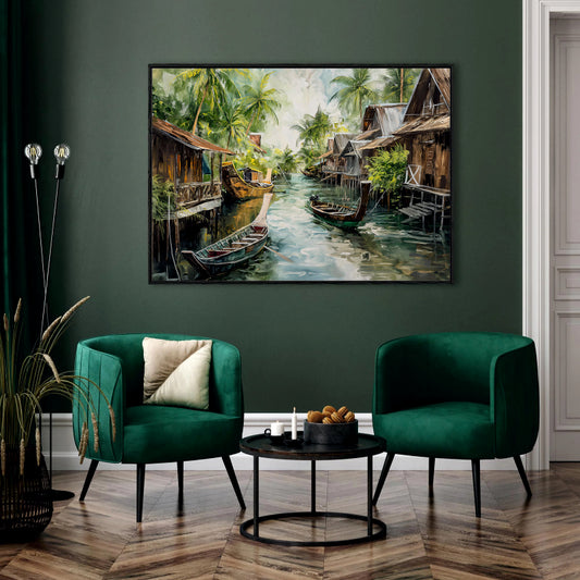 Oil Painted Floating Village Canal Canvas Digital Painting