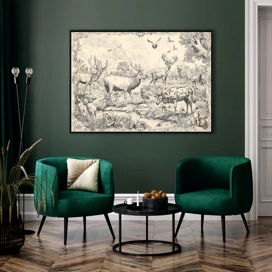 Sylvan Gathering Canvas Digital Painting - Vintage Style Deer and Wildlife Scene