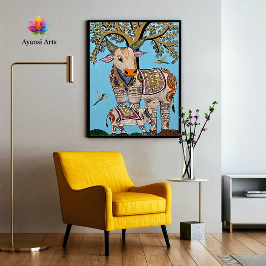 Sacred Cow & Calf under Tree Digital Canvas Art by Ayansi Arts