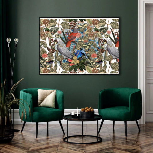 Tropical Aviary  Canvas Digital Painting - Lush Bird and Foliage Scene
