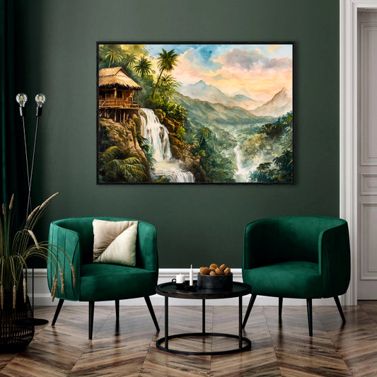 Oil Painted Tropical Waterfall Retreat Canvas Digital Painting