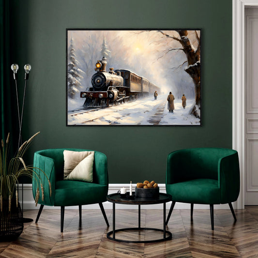 Winter Journey: A Vintage Train in a Snowy Landscape Canvas Painting