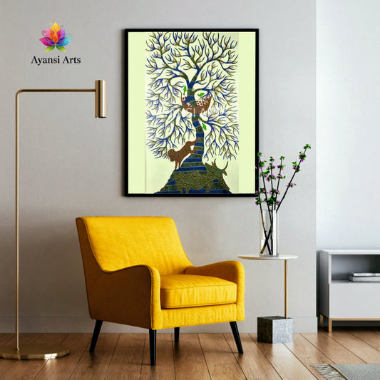 Gond Art Vibrant Tree with Animals Canvas Painting by Ayansi Arts