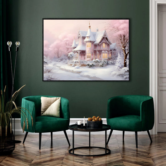 Pink Winter Dream: A Snow-Kissed Victorian House Canvas Painting