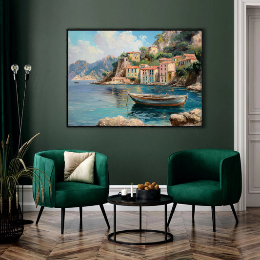 Oil Painted Mediterranean Coastal Village Canvas Digital Painting