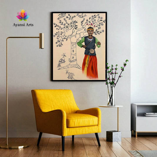 Rhythm of the Forest: Tribal Musician & Tree of Life Canvas Digital Painting Canvas Art by Ayansi Arts