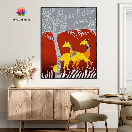 Luminous Yellow Deer under Grey & Red Tree Canvas Digital Art Painting by Ayansi Arts