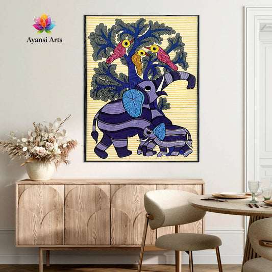 Family Harmony Purple Elephants & Pink Birds Digital Canvas Art by Ayansi Arts