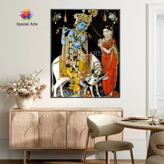 Krishna and Radha with Nandini Canvas Painting by Ayansi Arts