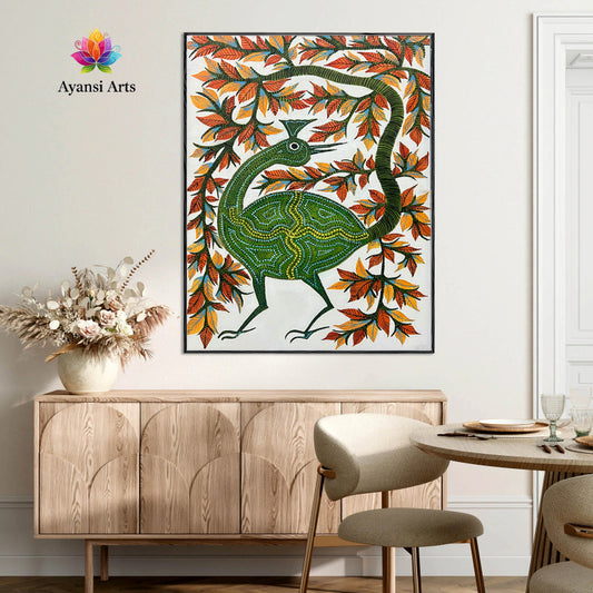 Enigmatic Green Bird under Autumn Tree Tribal Canvas Digital Art Painting by Ayansi Arts