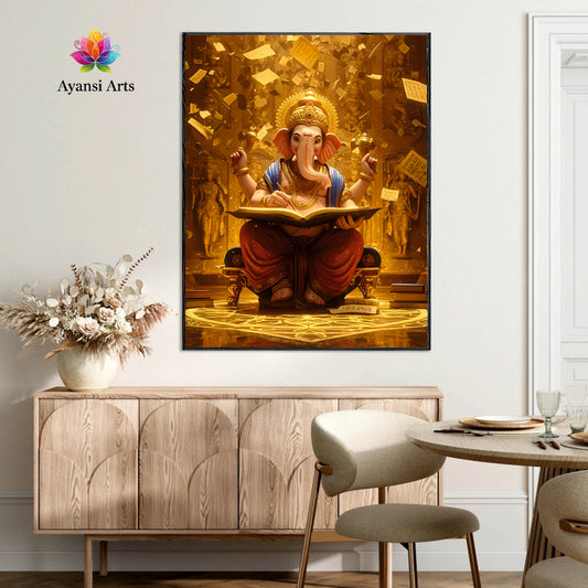 Golden Knowledge Ganesha - Divine Scholar Canvas Art by Ayansi Arts