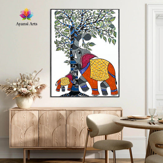 Madhubani Elephant Family under Tree Canvas Digital Art Painting by Ayansi Arts