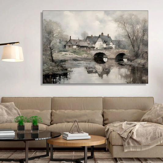 Winter River Crossing with Village Canvas Digital Painting
