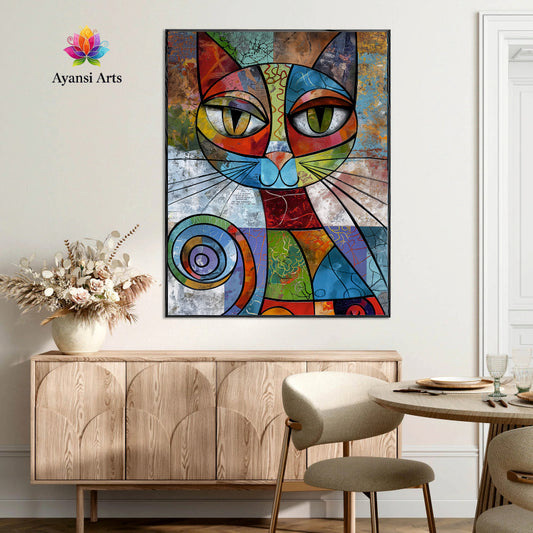 Whimsical Cubist Feline - Vibrant Abstract Cat Art by Ayansi Arts
