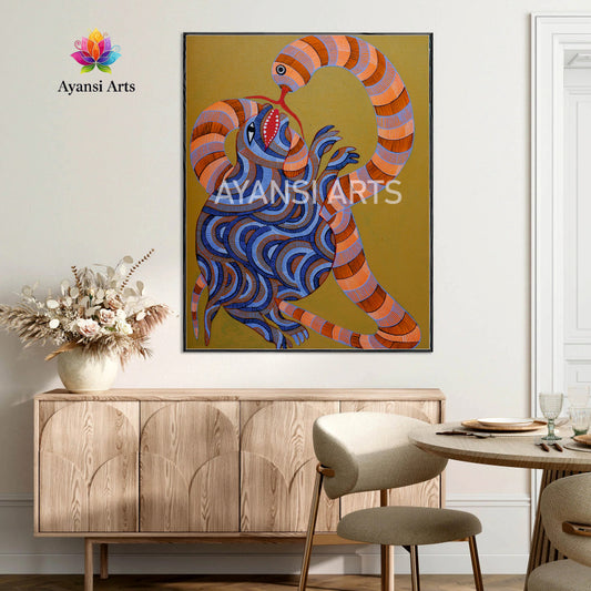 Gond Art Mongoose and Snake  Canvas Digital Painting Art by Ayansi Arts
