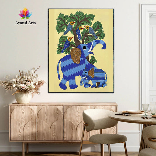 Elephant Family & Avian Friends Canvas Digital Painting Canvas Art by Ayansi Arts