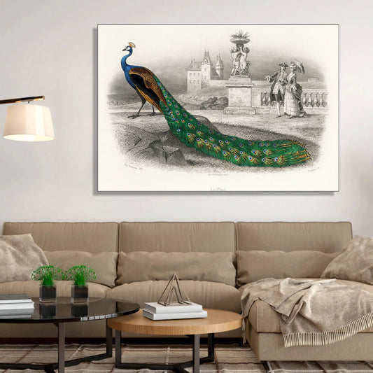 Regal Peacock Promenade Canvas Digital Painting - Vintage Estate Scene