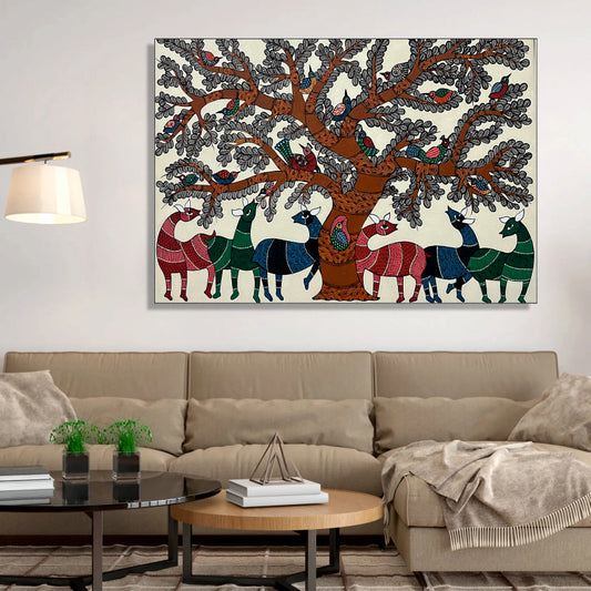 Gond Art Abundant Tree of Life with Animals and Birds Canvas Painting by Ayansi Arts