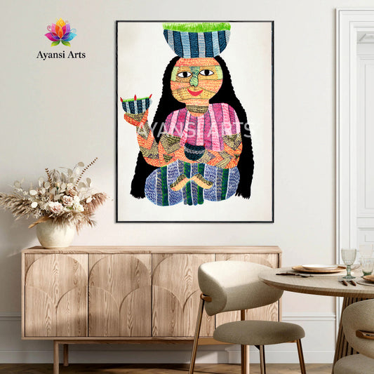 Tribal Woman with Bowls Canvas Painting by Ayansi Arts