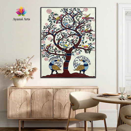 Vibrant Tree of Life with Peacocks & Birds Tribal Canvas Digital Art Painting by Ayansi Arts
