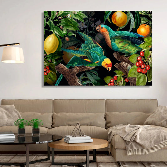 Citrus Canopy Canvas Digital Painting - Parrots and Fruit Still Life
