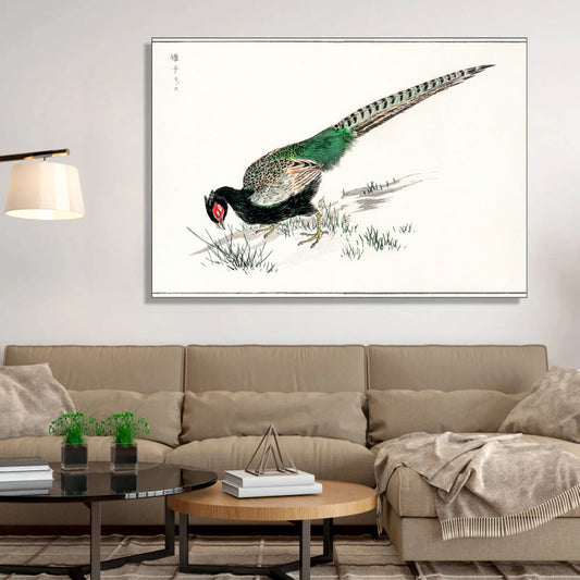 Foraging Pheasant Canvas Digital Painting - Japanese Woodblock Style