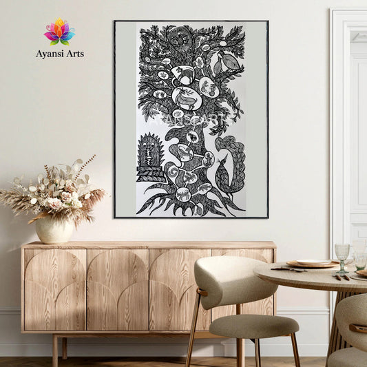 Gond Art Tree of Life with Creatures Canvas Painting by Ayansi Arts