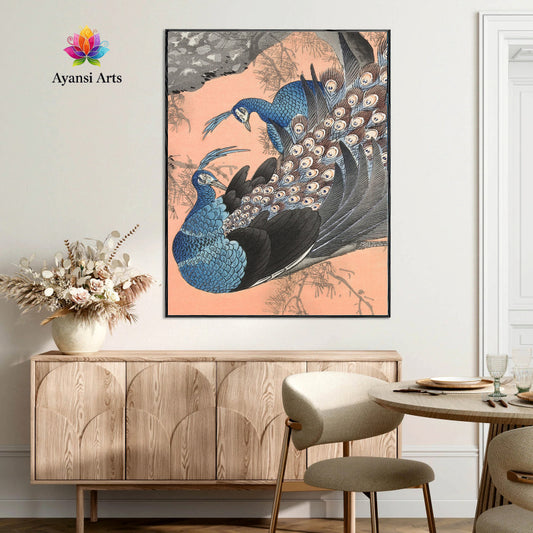 Peacock Pair in Pine - Elegant Japanese Ukiyo-e Inspired Art by Ayansi Arts