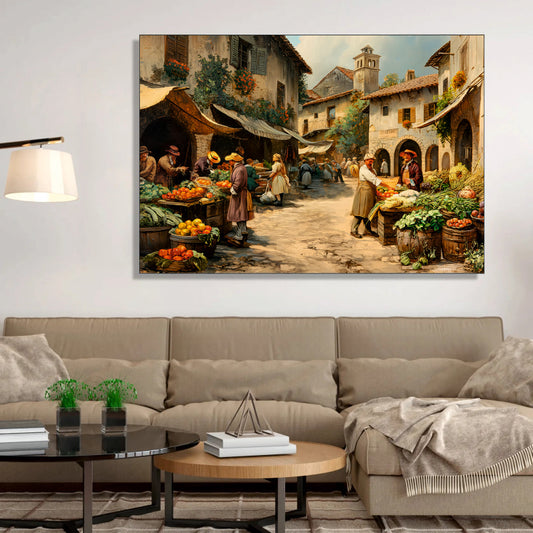 Oil Painted European Town Square Market Canvas Digital Painting