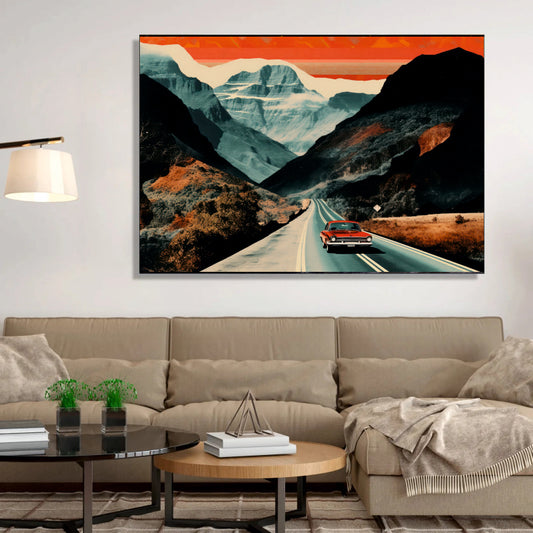 Mountain Pass Odyssey Aesthetic Canvas Digital Painting - Vintage Road Trip