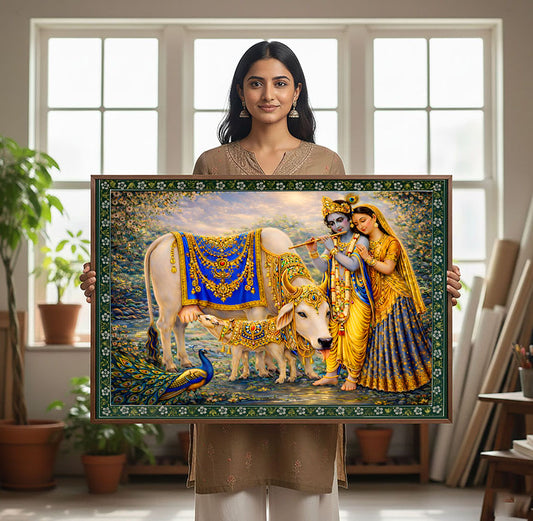 Radha Krishna with Kamdhenu Ji Printed Canvas Cloth Painting | Hindu Spiritual Wall Art | Krishna Bhakti Home Decor