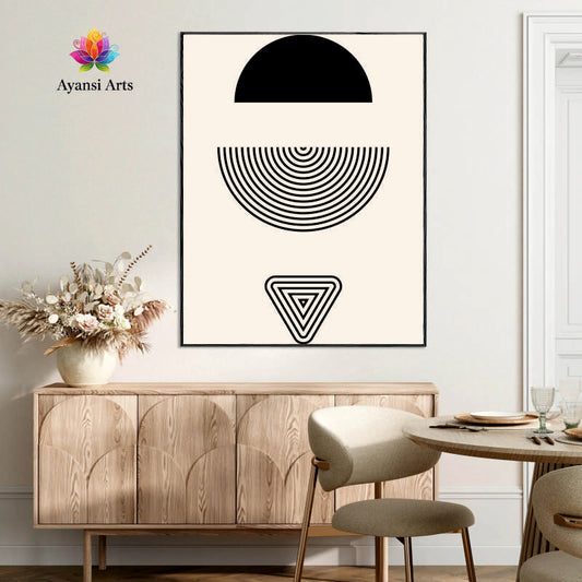 Geometric Harmony - Minimalist Abstract Black & White Canvas Digital Painting by Ayansi Arts