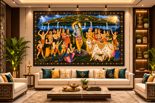 Govardhan Leela Shri Krishna Canvas Painting | Lord Krishna Lifting Govardhan Hill | Vastu Wall Art for Home, Living Room, Office & Temple | Premium Canvas Painting